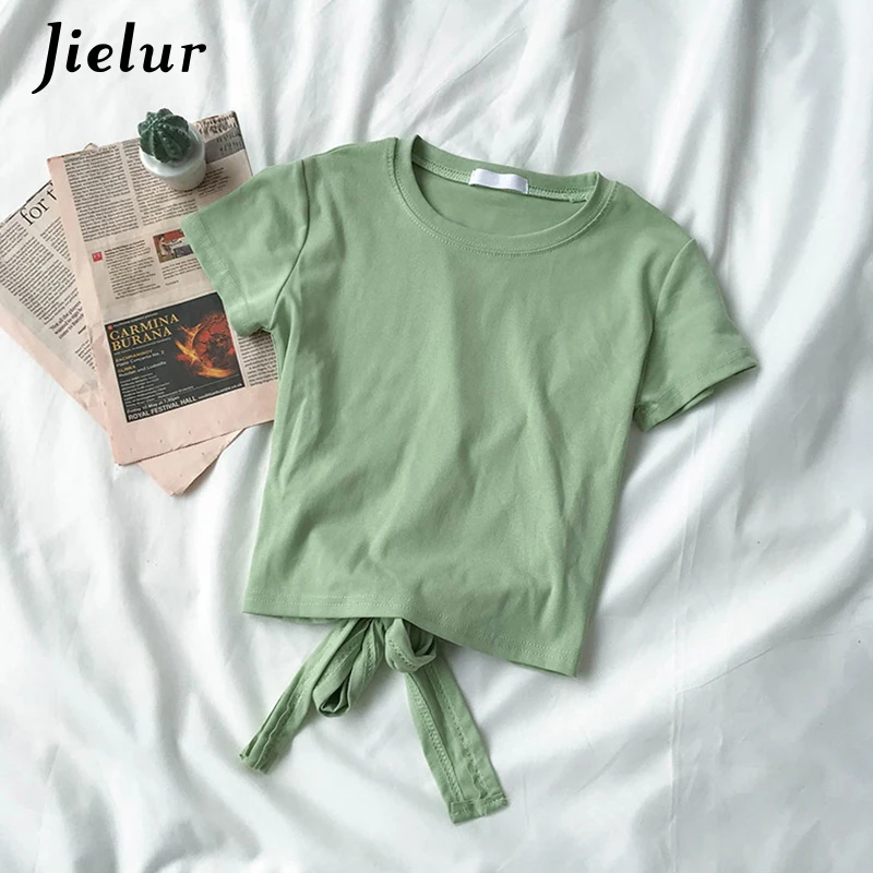

Jielur 4 Colors Green T-shirt Women Back Hollow Out Bowtie Sexy Tshirt Femme Korean Sweet Girls Summer Fashion Pure Simple Top