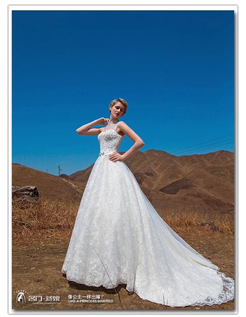 

bridal gown free shipping robe de soiree 2014 new fashionable sexy highneck long vestido de noiva romantic lace wedding dresses