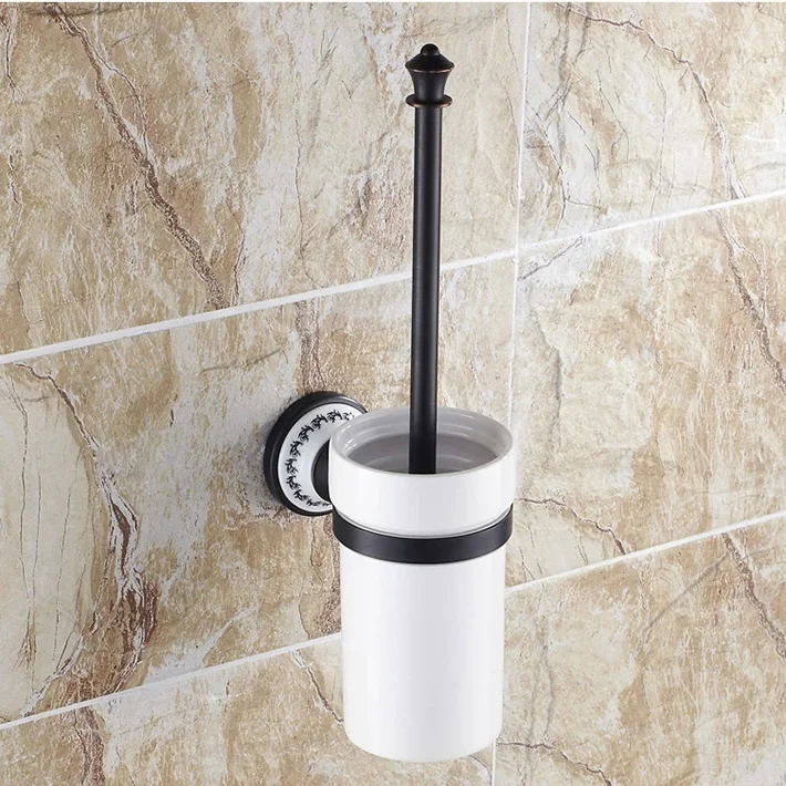Bathroom Wall Mount Toilet Brush Set Oil Rubbed Bronze Holder Insert a White Porcelain cup a