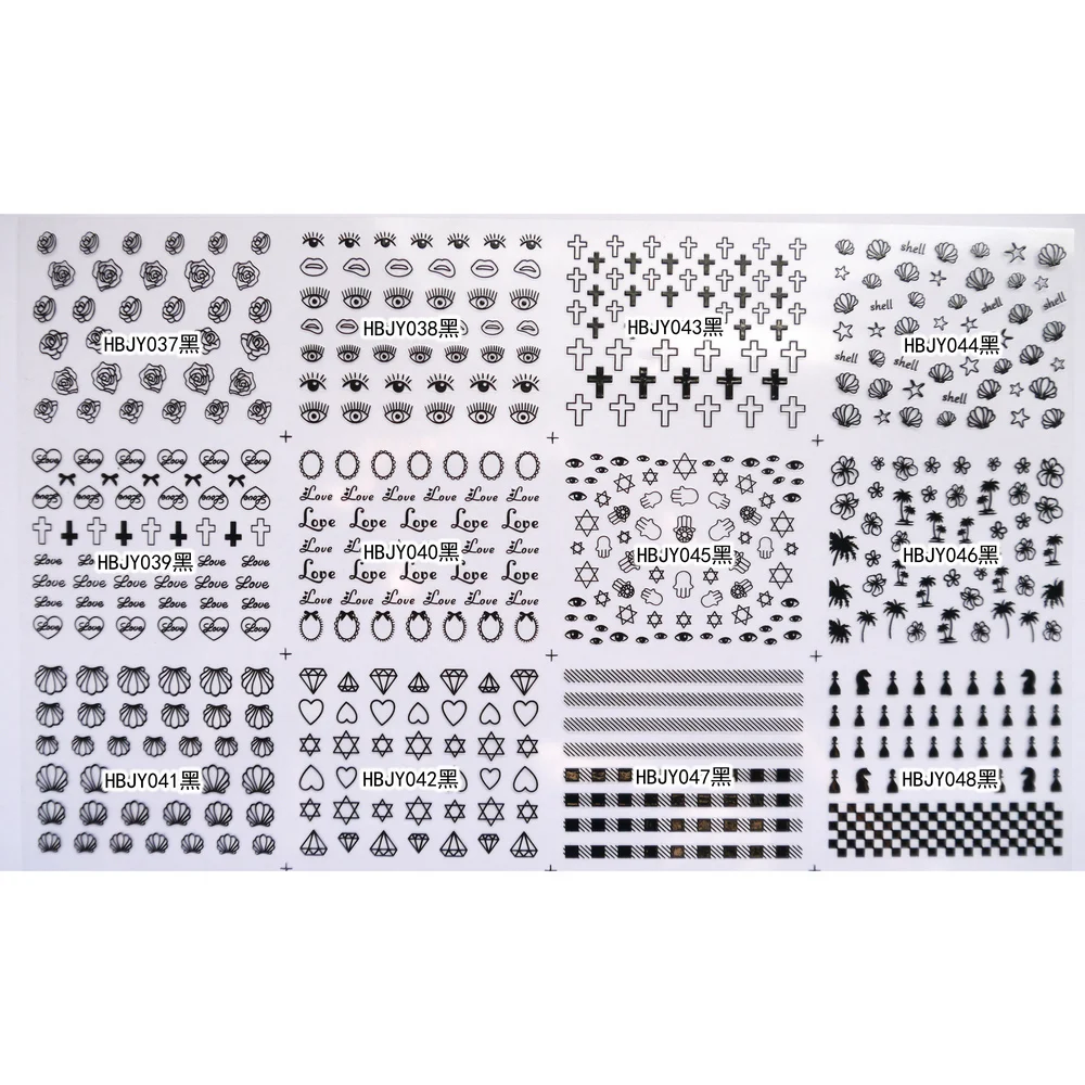 

12 SHEETS NAIL ART 3D SELF ADHESIVE GOLD SILVER BLACK WHITE STICKER DECAL SLIDER PALM TREE LIP EYES CROSS CONCH HBJY37-48