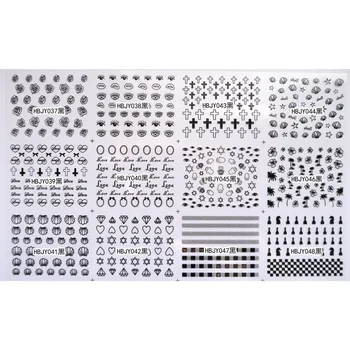 

12 SHEETS NAIL ART 3D SELF ADHESIVE GOLD SILVER BLACK WHITE STICKER DECAL SLIDER PALM TREE LIP EYES CROSS CONCH HBJY37-48