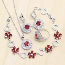 Круглый Красный кубический цирконий для женщин грациозный 925 пробы Серебряные Ювелирные наборы серьги кулон ожерелье браслет кольцо подарочная коробка