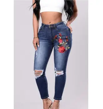 

Vintage Pencil Pants Women Denim Skinny Ripped Pants High Waist Stretch Jeans Floral Embrodery Skinny Trousers