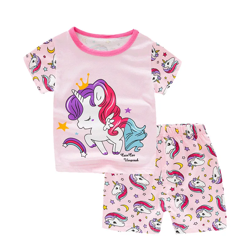 Летний детский пижамный комплект для девочек; Пижама с единорогом из мультфильма; детская футболка с короткими рукавами+ шорты; комплект одежды; одежда для сна для маленьких мальчиков