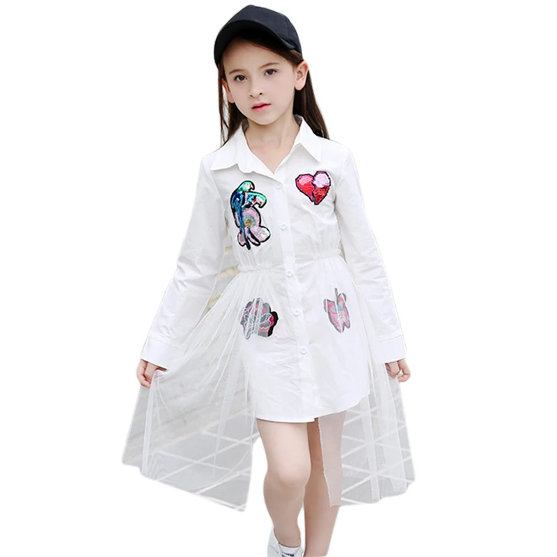 

Dresses for Girls 10 12 14 15 8 6 Years Toddler Dress Full Sleeve Girls Blouse Sequins Patchwork White Mesh Summer Dress 2018