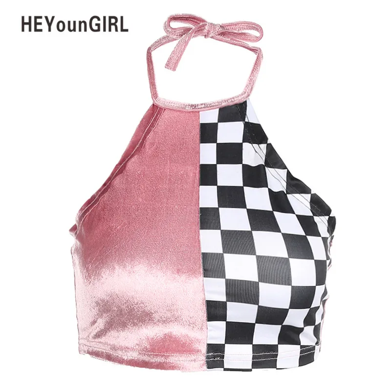 

HEYounGIRL Checkered Sleeveless Tank Tops Tees Womens Halter Velvet Checkerboard Summer Crop Tops Vest Backless Sexy T-shirt