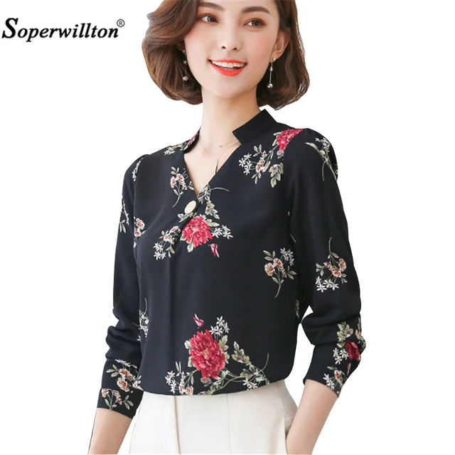 2018 Nouvelles Dames Chemises Femmes Blouse Chemise Pour Le Travail Occasionnel Plus Taille M-4XL Top Sexy Col V &agrave; Manches longues En Mousseline de Soie fleur imprimer Tops