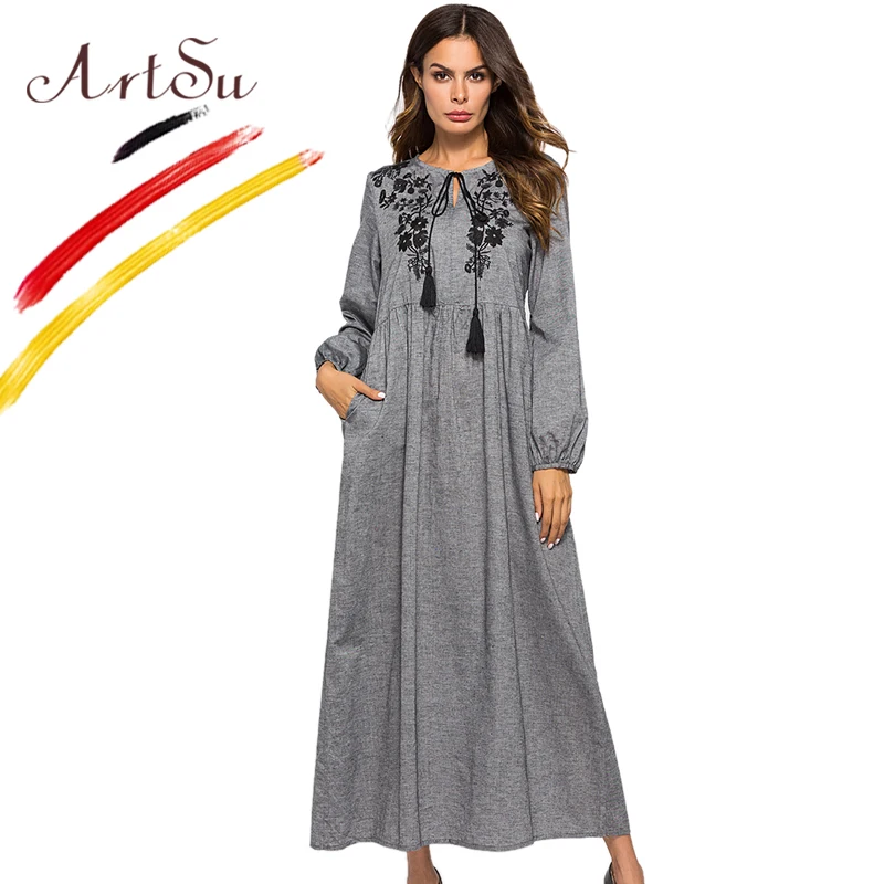 

ArtSu Vintage Boho Floral Embroidery Maxi Dress Women Tie Neck Tassel Long Sleeve Gray Pleated Robe Femme Autumn Long Vestido