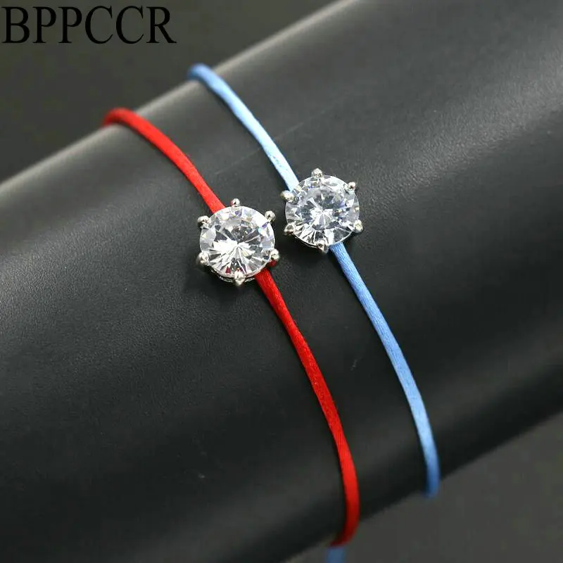 BPPCCR 2pcs/set Women Silver Color Rhinestones Crystals Zircon Lucky Braided Bracelet Thin Red Rope Thread String Bracelets