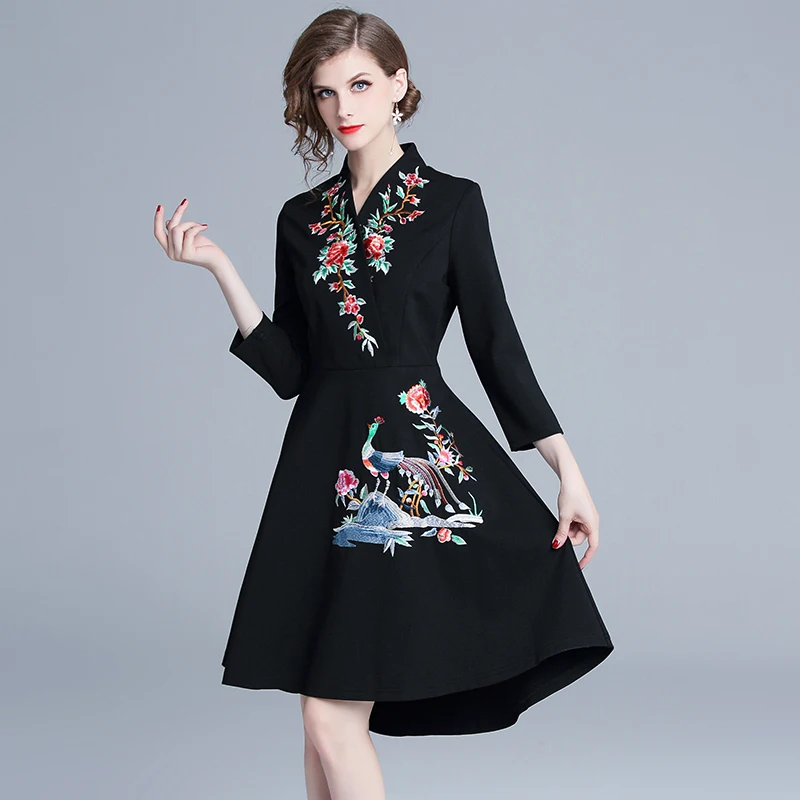 

HAMALIEL Vintage Slim Black Big Swing Dress Autumn Women Wrist Sleeve Embroidery Floral Dress Retro V Neck Plus Size Clothing