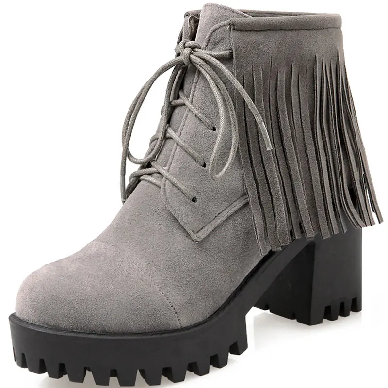 

Fashion beauty lace-up dymatic fringes round toe cozy square heel vogue retro nubuck leather campus ankle boots for women dxj678