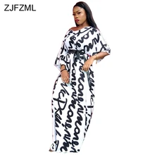 ZJFZML Black White Letter Print Maxi Dress Women Deep V Neck Half Sleeve Floor-Length Robe Streetwear Ladies Belted Party Dress white half sleeve maxi dress