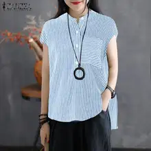ZANZEA Women Stripe Print Blouse 2019 Summer Office Lady Shirt Tunic Tops Casaul Cotton Linen Blusas High-low Blusa Feminina 5XL ZANZEA Women Stripe Print Blouse 2019 Summer Office Lady Shirt Tunic Tops Casaul Cotton Linen Blusas High-low Blusa Feminina 5XL