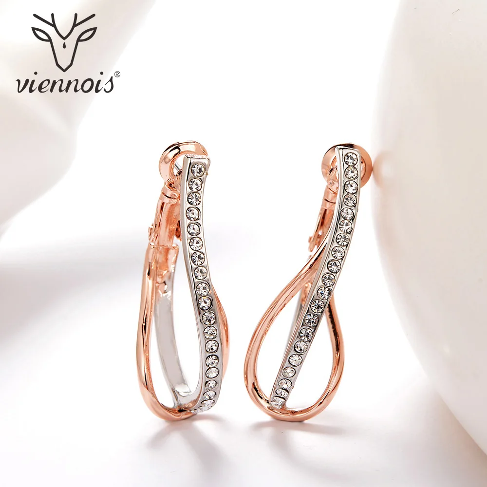 

Viennois Geometric Hoop Earrings for Women Silver & Rose Gold/Gold Color Rhinestones Twisted Cross Earring Female Earrings