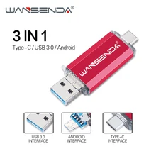 WANSENDA USB флеш-накопитель 3 в 1 USB3.0& type C& Micro Usb накопитель OTG флеш-накопитель 16 ГБ 32 ГБ 64 Гб 128 ГБ 256 ГБ высокоскоростные флеш-накопители