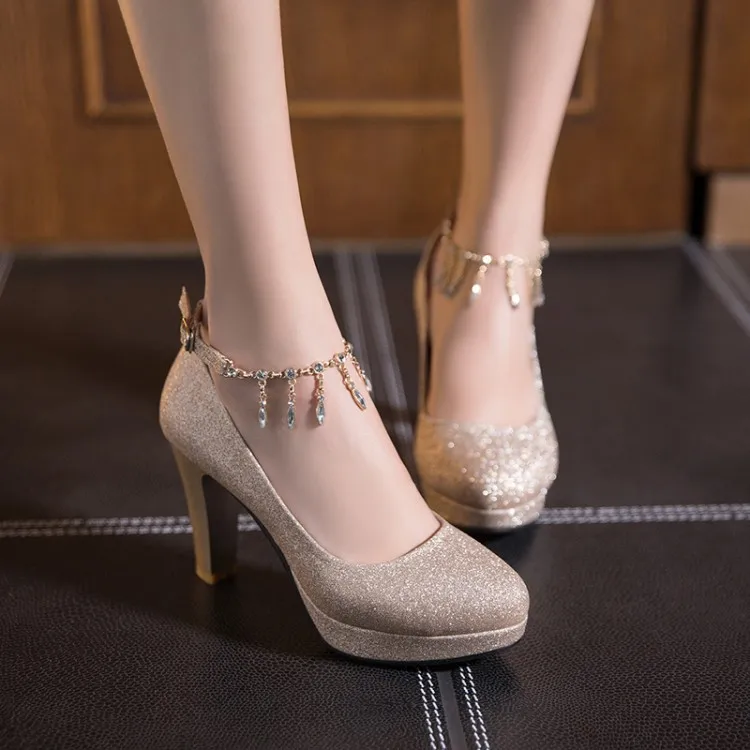 

women high heels shoes woman thick heel pumps female round head paltform Chain drill women gold wedding shoes big size 42 46