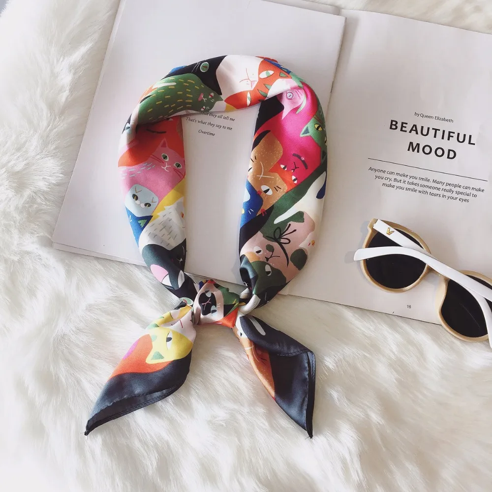 Cat Print Bandana Silk Scarf Neckerchief Square Scarf Women Scarves