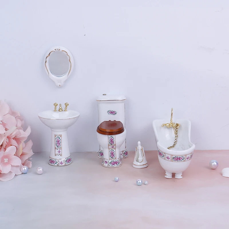 

4Pcs 1/12 High Quality Dollhouse Funiture Miniature Ceramic Bathroom Bathtub Toilet Basin Brush Stand Mirror