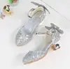 Zapatos de piel con purpurina para niñas, calzado de fiesta con tacón alto y Nudo de mariposa, color rosa y plateado ► Foto 3/6