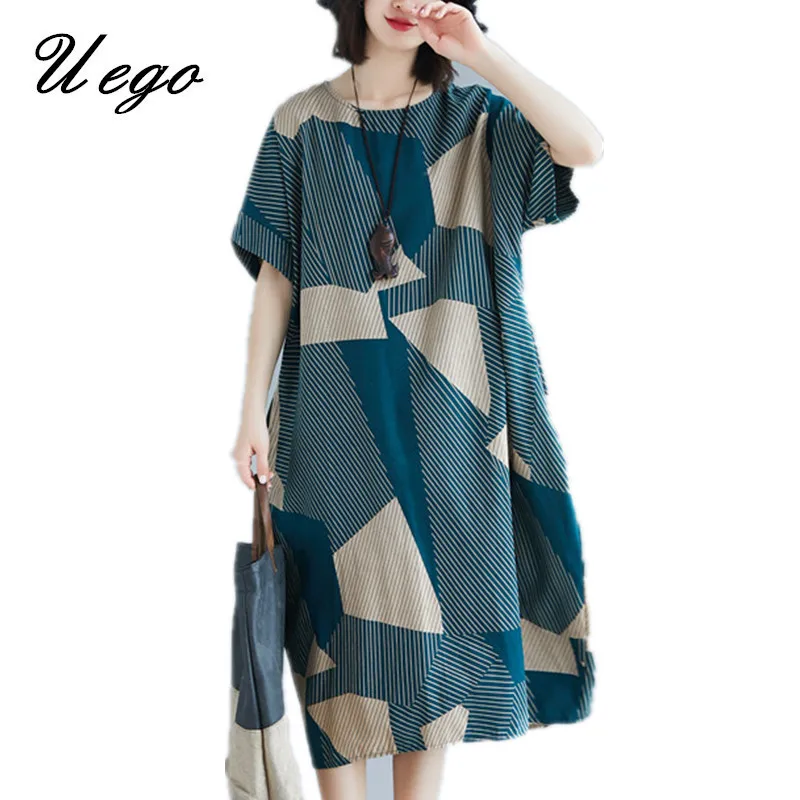 

Uego Short Sleeve Loose Summer Dress Cotton Linen Print Striped Holiday Beach Casual Dress Plus Size 5XL Women Midi Party Dress