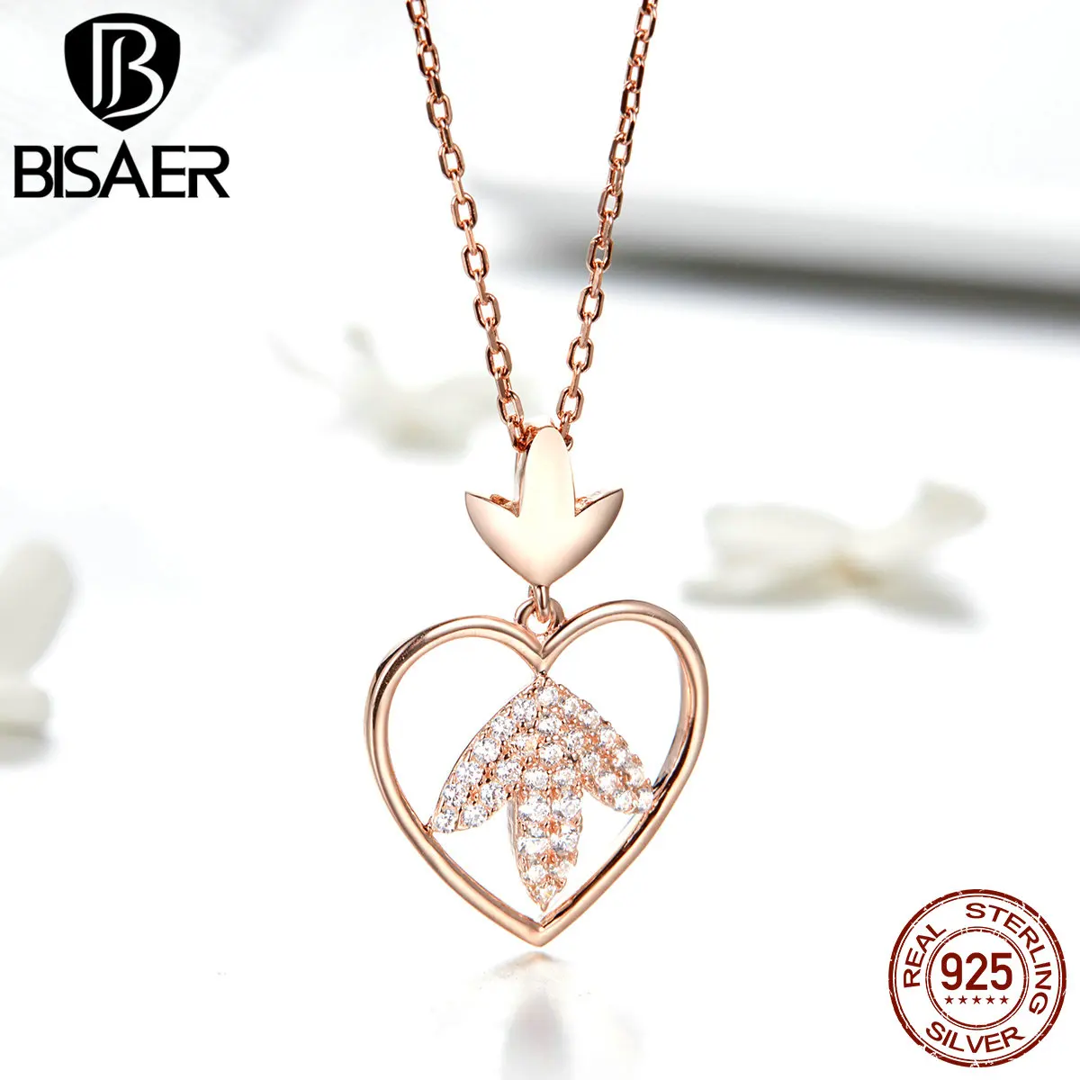 

BISAER Elegant 925 Sterling Silver Maple Leaves Leaf Clear CZ Zircon Pendant Necklaces Women Wedding Engagement Jewelry ECN313