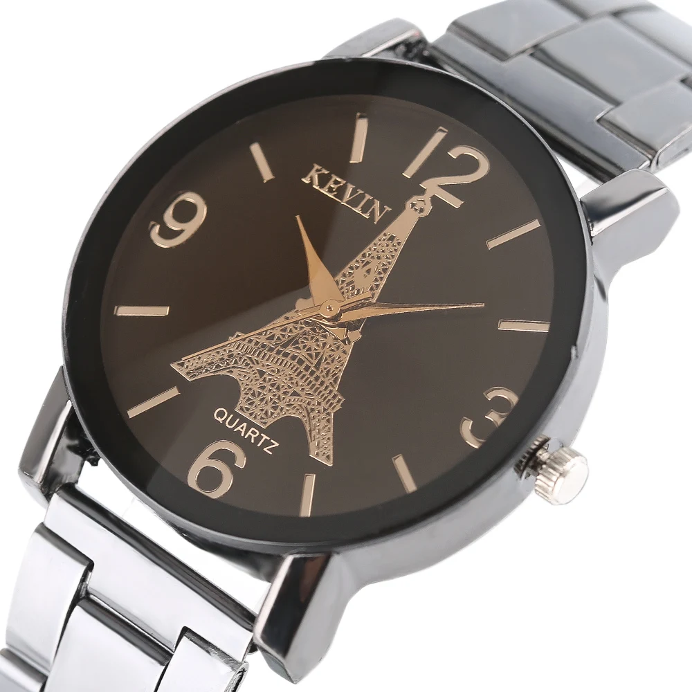 

KEVIN Eiffel Tower Dial Design Black Women Men Watches With Stainless Steel Band relojes Black Quartz Wristwatch for Ladies Gift