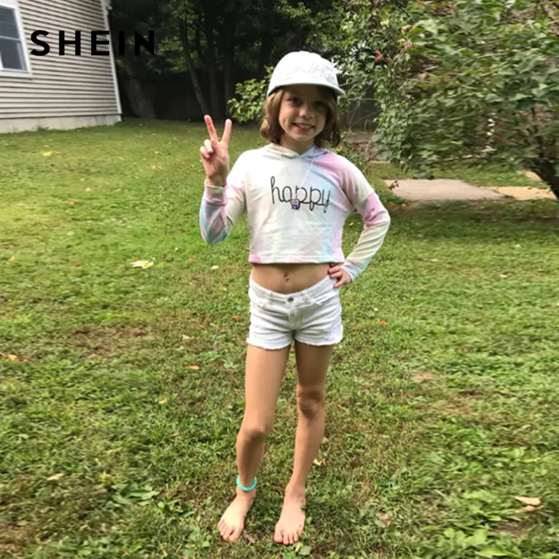  SHEIN Kiddie Letter Happy Print Tie Dye Cute Hoodies For Girls Tops 2019 Spring Korean Fashion Long