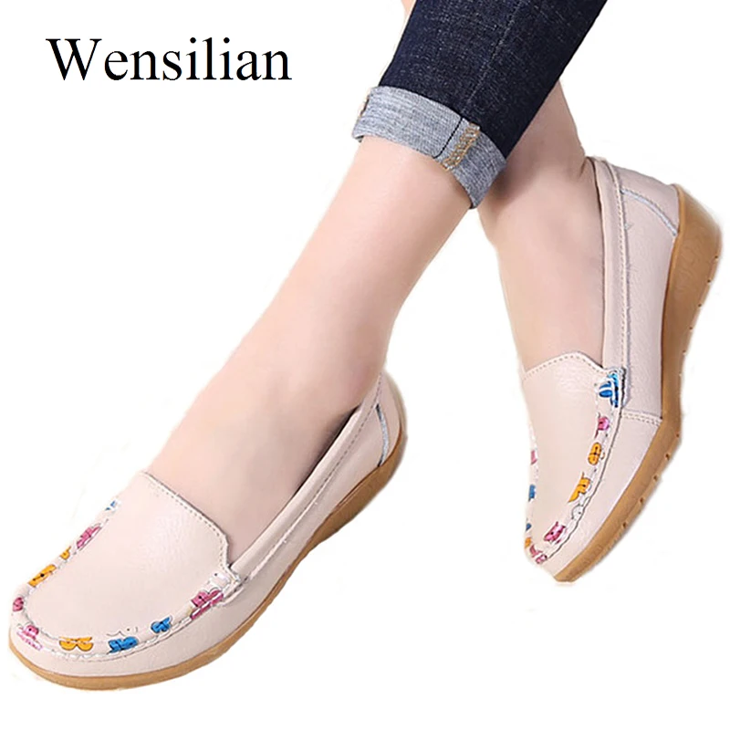 

Women Flats Ballet Flat Round Toe Genuine Leather Shoes Ladies Moccasins Shallow Shoes Slip-on Loafers Flowers Chaussure Femme