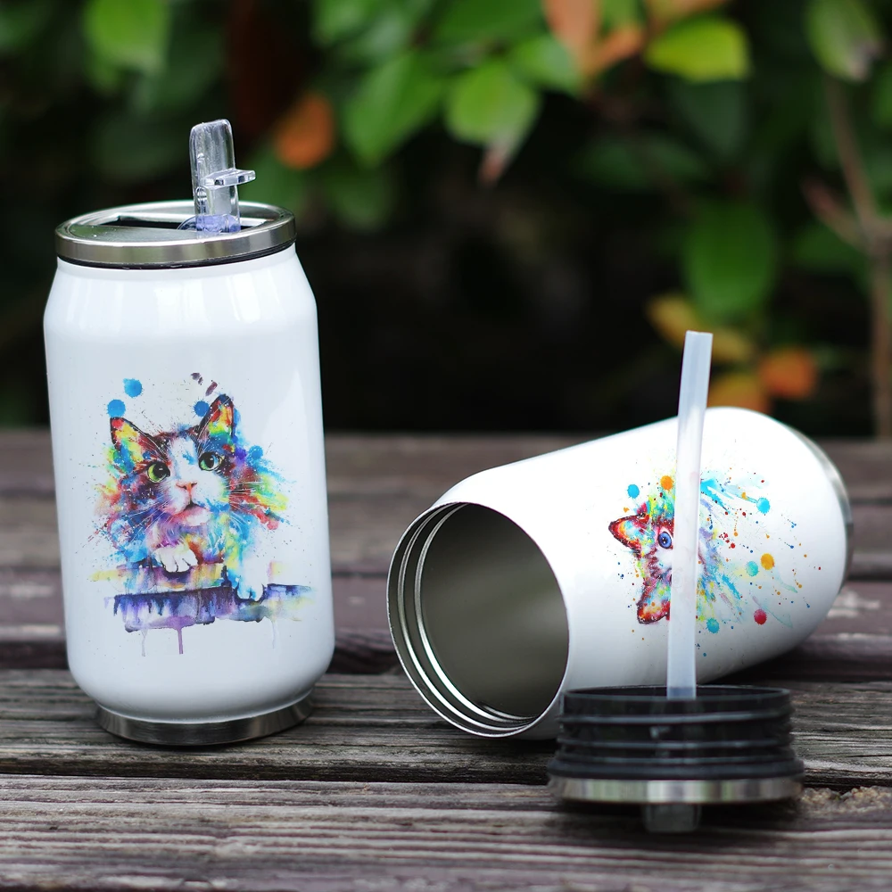Акварель милый кот чашка кока-колы воды Термос стали вакуумной изоляцией бутылка с соломинкой уникальный дизайн подарок крутая печать