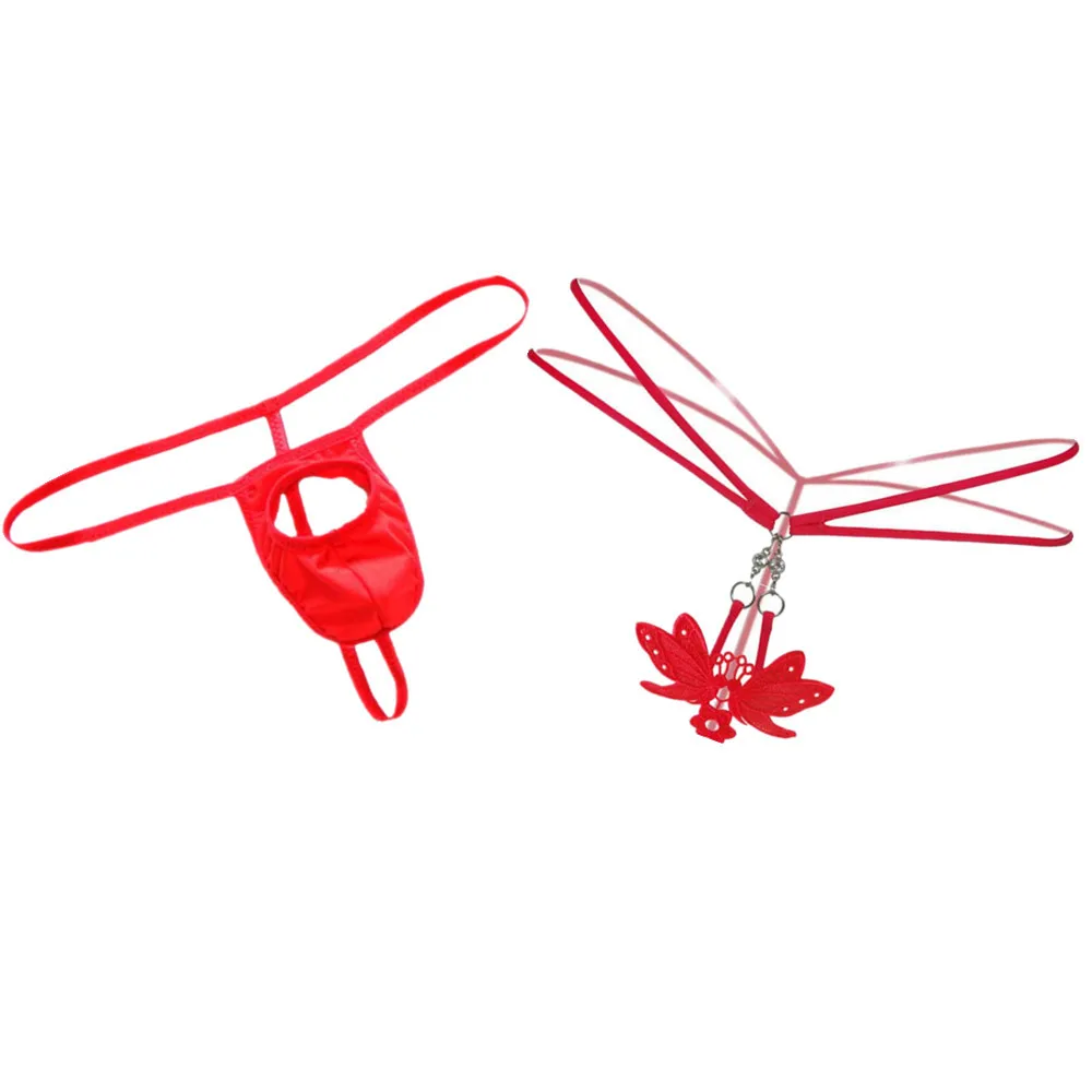 

2 PCS/Set Hole Open Sexy Men G String+Women Crotchless Thong Thin Belt Erotic Seamless Underwear Couple Black/Red Set