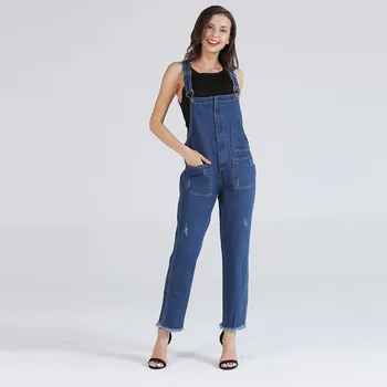 

Blue Ripped Denim Overall Jeans For Women Loose High Waisted Boyfriend Jeans Strap Denim Jumpsuit Boot Cut Basic Overalls casual