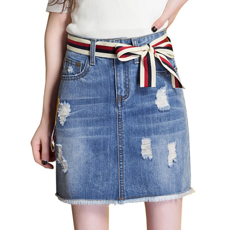 

Denim skirt female 2019 summer new hole denim skirt pocket fashion raw edge A skirt with belt 3XL OLOEY XDQ208