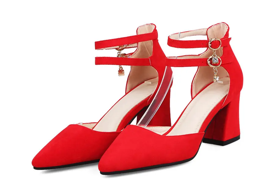 D'Orsay/женские босоножки из искусственной замши на высоком блочном каблуке; цвет красный, черный, розовый; повседневные Свадебные офисные женские туфли с острым носком и ремешком на щиколотке; открытые туфли на каблуке