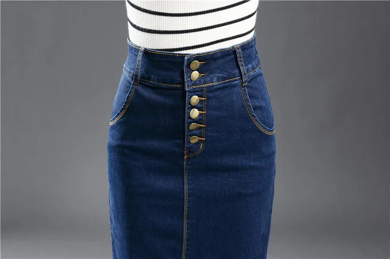 GEMUTLICH S-9XL, летняя Женская длинная джинсовая юбка, эластичная, тонкая, длинная, одношаговая, с разрезом, юбки с высокой талией и пуговицами
