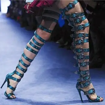 

Summer 2017 Choudory Women Blue Brown Black Big Metal BuckleThin Heel Over The Knee Thigh High Boots Long Boots Plus Size 44