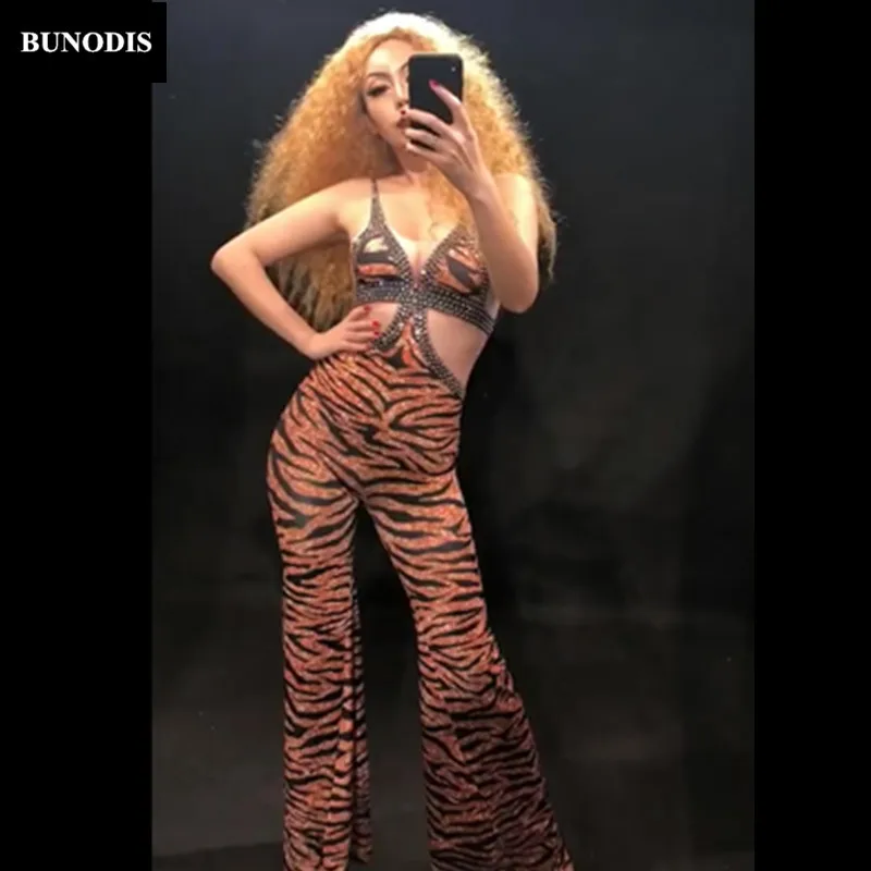 

ZD188 Women Tiger Print Sexy Jumpsuit Sleeveless 3D Printed Bodysuit Nightclub Party Dancer Fashion Show Stage Wear Costomes