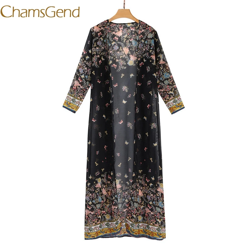 

Cardigan Chamsgend Newly Design Women Kimono Floral Print Long Thin Coat Black Cover up 70920