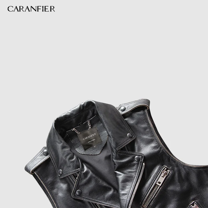 Мужской мотоциклетный жилет CARANFIER 100% из воловьей кожи брендовый Байкерский без