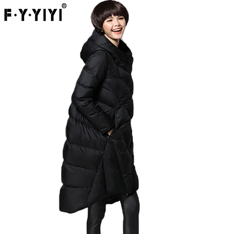 

FYYIYI Loose Large Size Down Jackets Women Slim Long Winter Jacket Lengthen Warm Hooded Coats Autumn Winter Office Lady Jackets