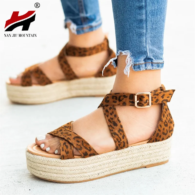 

NAN JIU MOUNTAIN Summer Sandals Women Thick-soled Muffin Women's Shoes Casual Retro Roman Buckle Plus Size 35-43