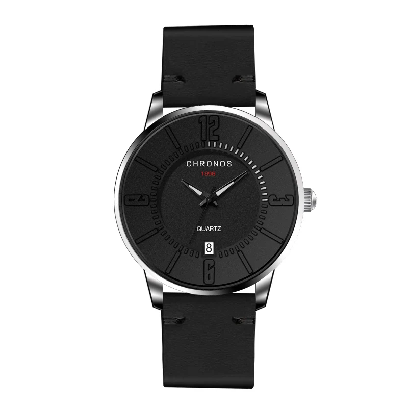 

Men Casual Leather Wristwatches Waterproof Male Quartz Watches with Date Black Dial Black Simple Analog Watch Relogio Masculino