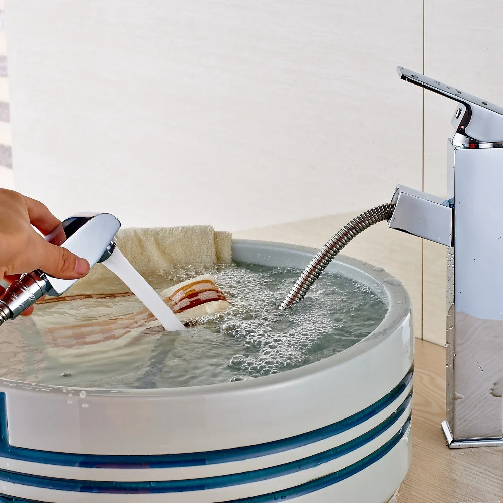 Modern Square Chrome Brass Bathroom Faucet Pull Out Sprayer Mixer Tap Single Handle Holein