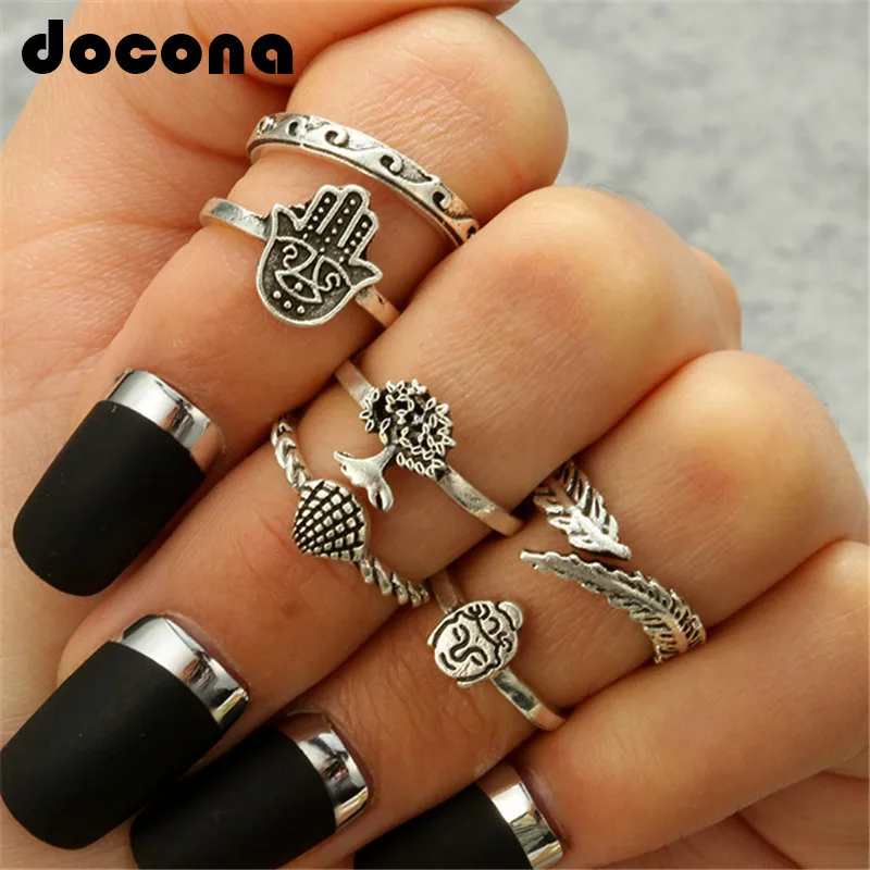 

docona 7pcs/set Tribal Sliver Hand Tree Shell Rings Set for Women Retro Carved Leaf Buddha Statue Finger Ring Brincos 4885