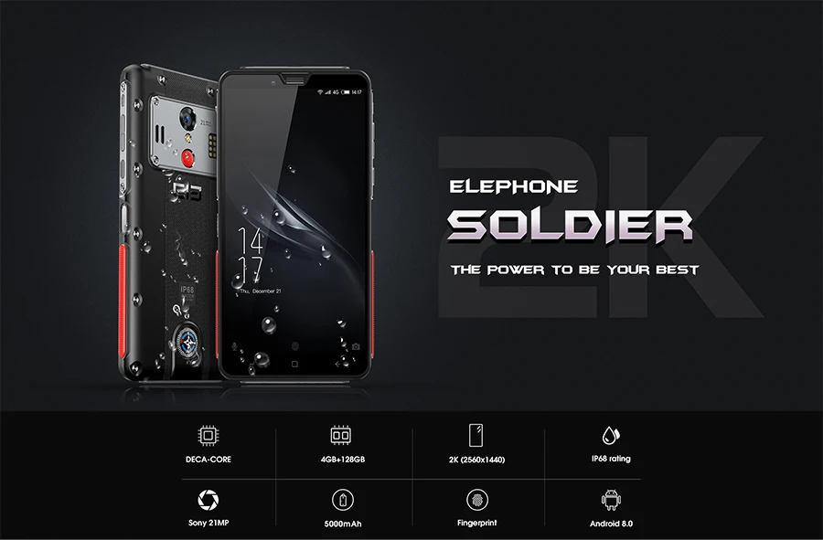 Elephone Soldier 5,5 ''Android 8,0 смартфон 4 Гб 128 ГБ MTKX25 Deca core 16:9 полноэкранный 5000 мАч мобильный телефон с боковым отпечатком пальца