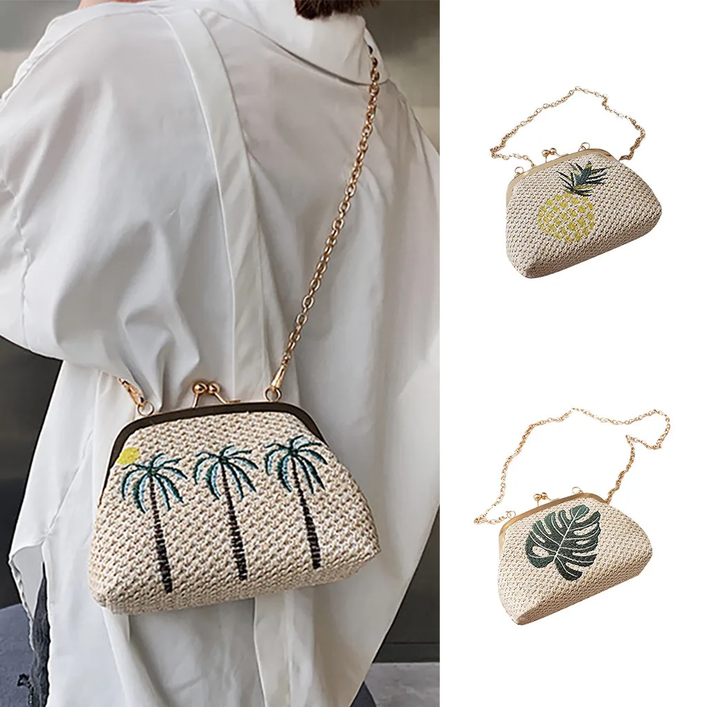 

Weaving Bags Women Fashion Summer Beach Wild Chain Messenger Shoulder Tide chain Net red Straw Solid Weaving Bag dropship May10