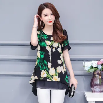 

2020 New vintage Large Size 5XL Women's Summer Blouse Short-sleeved Fake Two-Piece Printed Chiffon Shirt Dress N681