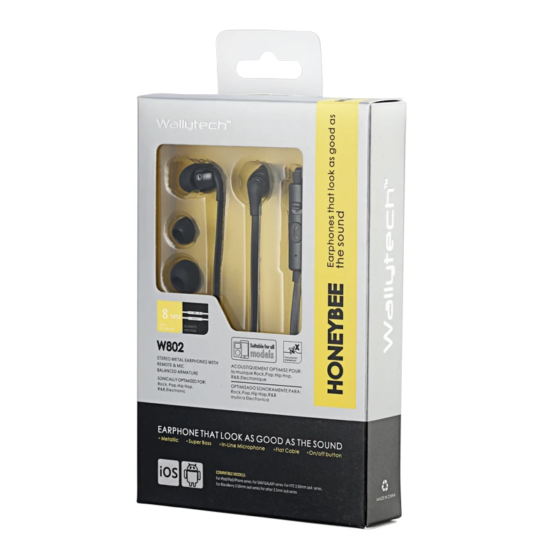 Wallytech W802 metal earphone with packing blk