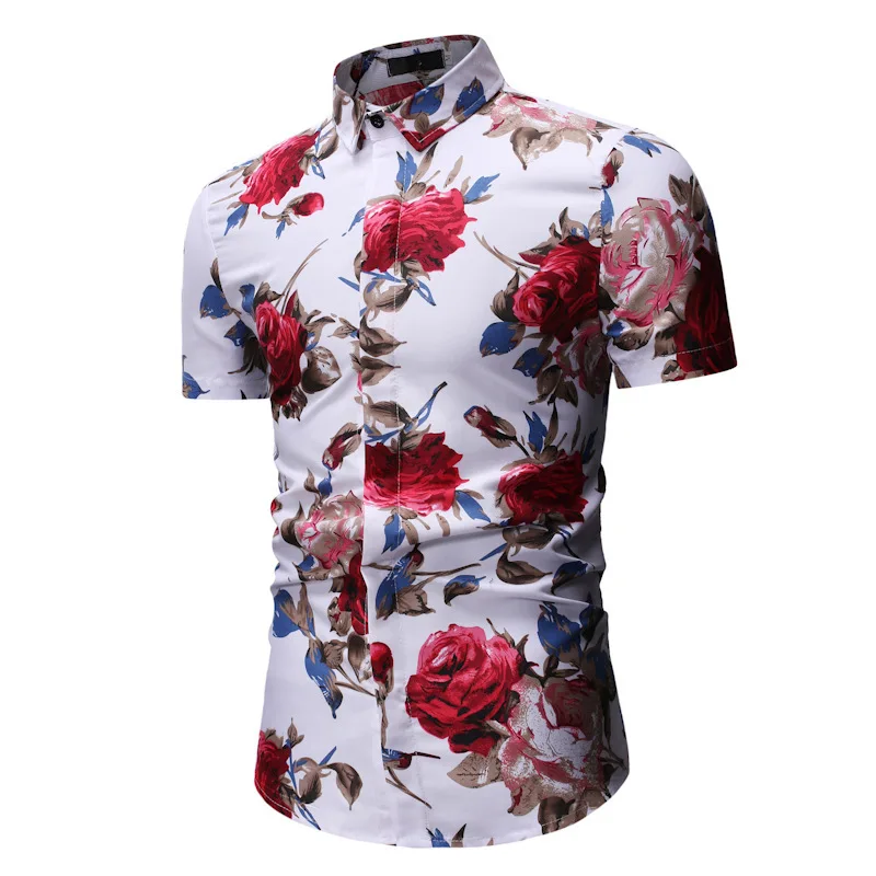 

True Reveler rose shirts men short sleeve summer hip hop nightclub tops party blouse red flower shirt classic black white