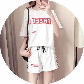 

Women's Letter Print Two Piece Set Fashion O-Neck Top And Elastic Waist Shorts Loose Set