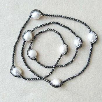 

3pcs Strands Natural Pearl Pave Crystal Rhinestone Necklace, with Black Hematite Beaded Druzy Jewelry Charm Necklace ,NK17